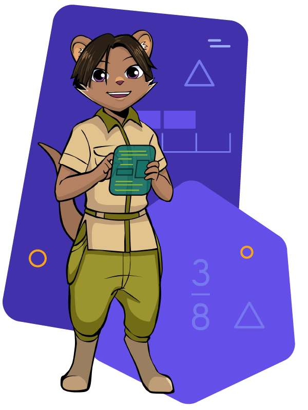 Preparing students for algebra with Frax. Graphic of a frax character holding a tablet.