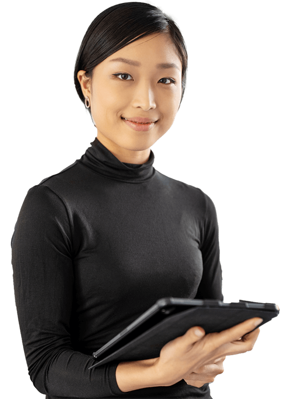 Smiling woman educator holding a tablet